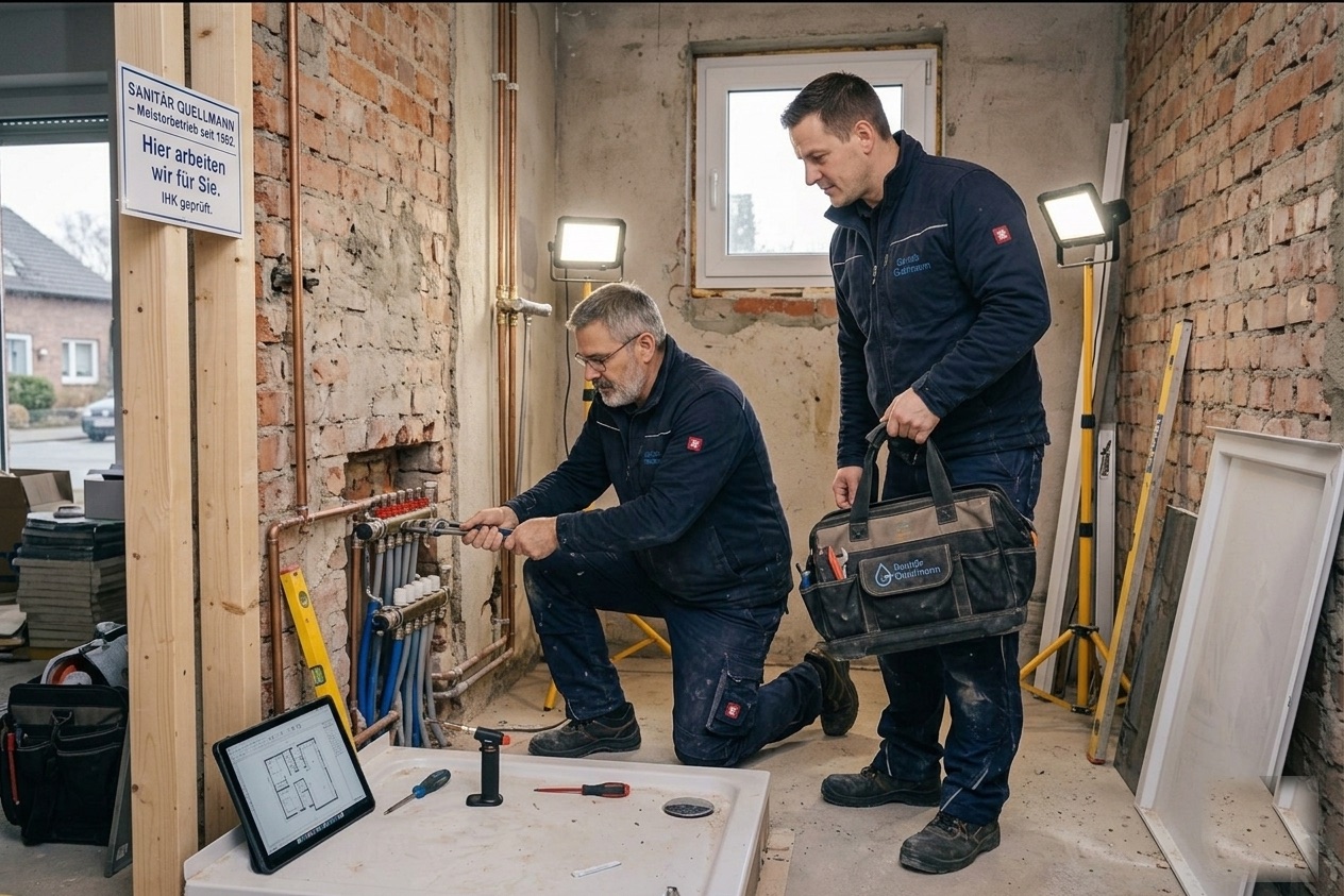 Thomas und Markus Quellmann bei der Fehlersuche am Hauptabsperrventil